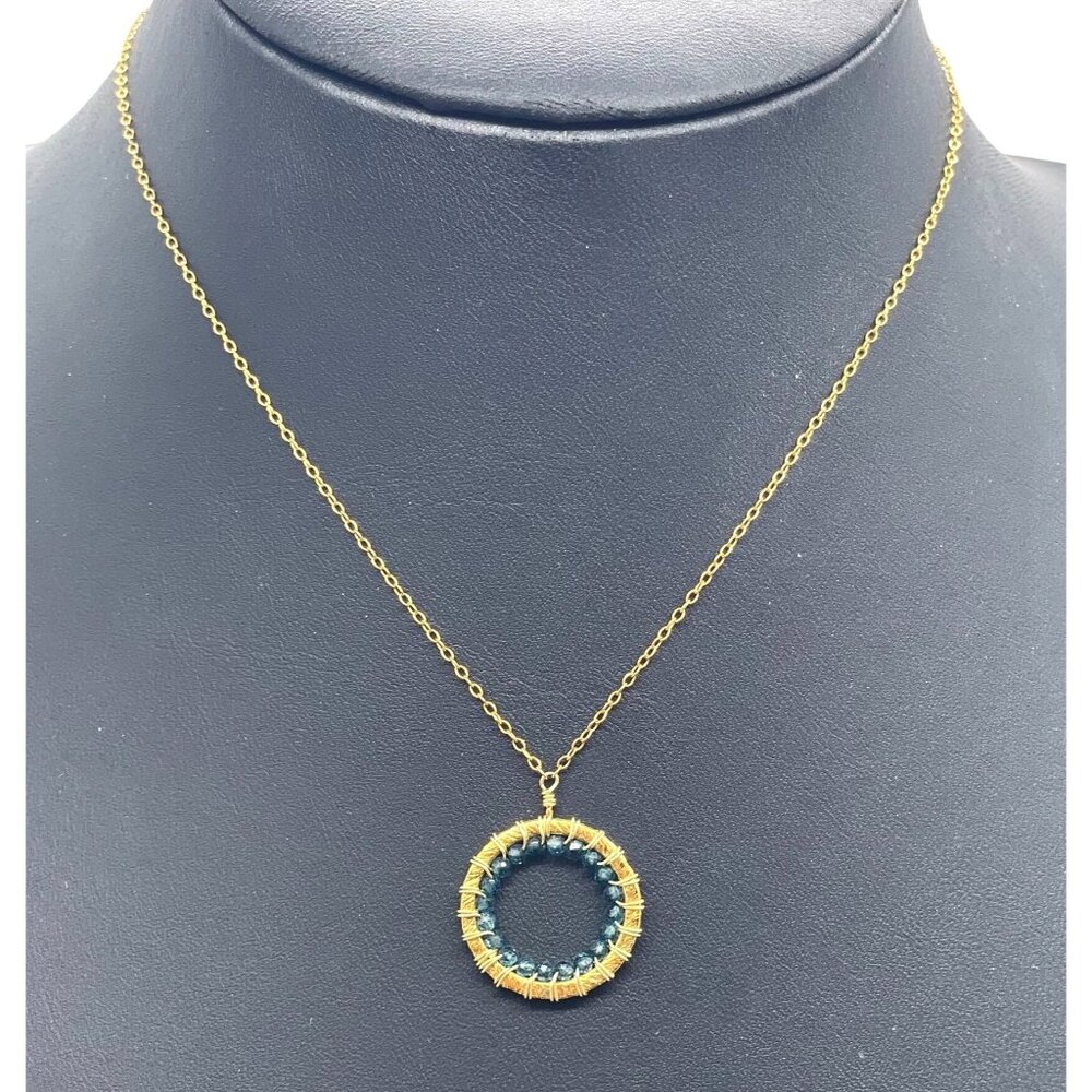 BSI Blue Beaded Circle Pendant Necklace Gold Tone Gift Minimalist Birthday